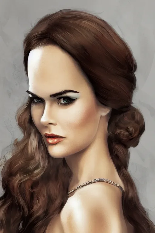 Image similar to mix of beautiful young maria shriver, mariel hemmingway, brooke shields, nicole kidman and elle macpherson as a dominatrix, thin lips, hair tied up in a pony tail, dark blonde hair, colorful, deviantart, artstation, cgsociety