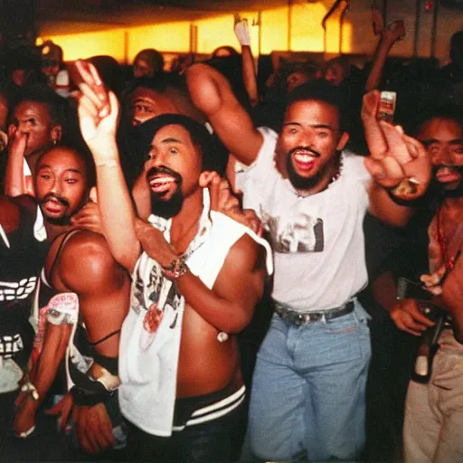 Prompt: photo of people partying in the 1990's. 2pac is the main focus of the photo, he is the main focus.