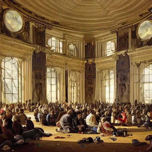 Image similar to A beautiful body art of a large room with many people in it. There is a lot of activity going on, with people talking and moving around. The room is ornately decorated and there is a large window at one end. cartoon by William Trost Richards minimalist, CGI