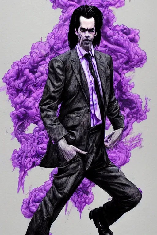 Image similar to full body portrait of nick cave with a lot of purple smoke coming out of his mouth, concept art, sumi - e style, intricate linework, artstation, trending, highly detailed, smooth, focus, art by yoji shinkawa and glenn fabry,