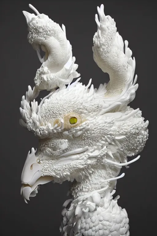 Image similar to full head and shoulders, realistic bjork porcelain rooster sculpture, smooth, delicate facial features, white eyes, white lashes, detailed white, lots of 3 d gold chinese dragons anatomical, all white features on a white background, by daniel arsham and james jean