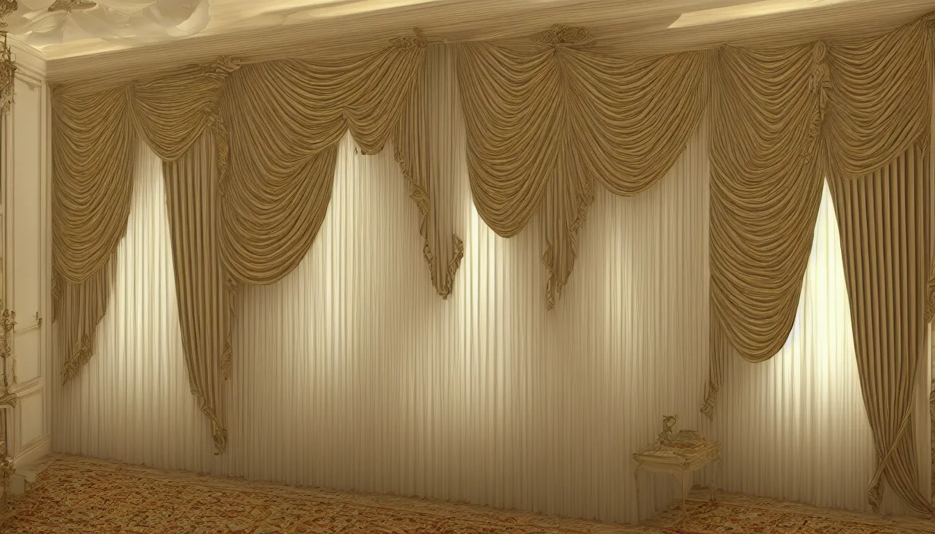 Image similar to symetrical, luxurious night curtains, house interior, design very detailed, high resolution, 8 k