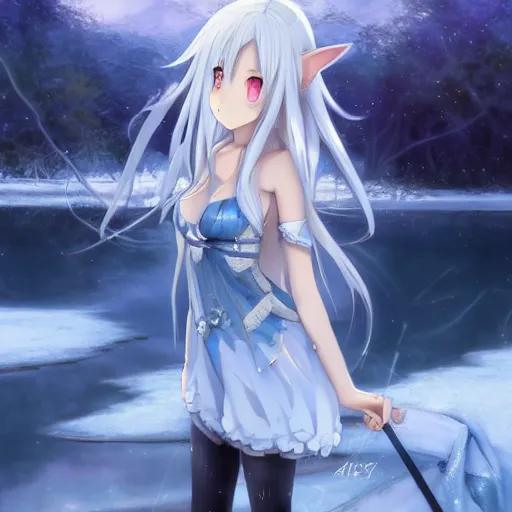 Image similar to a very beautiful anime elf girl, full body, long straight silver hair, sky blue eyes pointy ears, full round face, short smile, casual clothes, ice snowy lake setting, cinematic lightning, medium shot, mid-shot, highly detailed, trending on Artstation, Unreal Engine 4k, cinematic wallpaper by Stanley Artgerm Lau, WLOP, Rossdraws, James Jean, Andrei Riabovitchev, Marc Simonetti, and Sakimichan