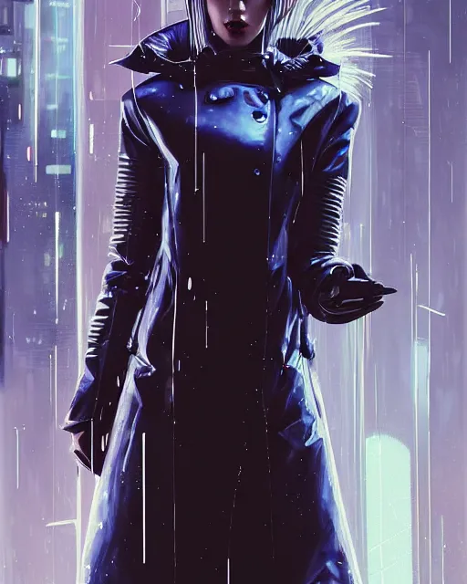 Image similar to detailed portrait of European Pretty Young Girl Storm Rain movie Jacket coat, Futuristic sci-fi fashion, royal attire by ismail inceoglu dragan bibin hans thoma greg rutkowski Alexandros Pyromallis Nekro Rene Margitte illustrated Perfect face, sharp chine, fine details, realistic shaded, fine-face, pretty face cyberpunk, neotokyo, synthwave, aesthetics, futuristic, low-emission-neon, bladerunner movie scene