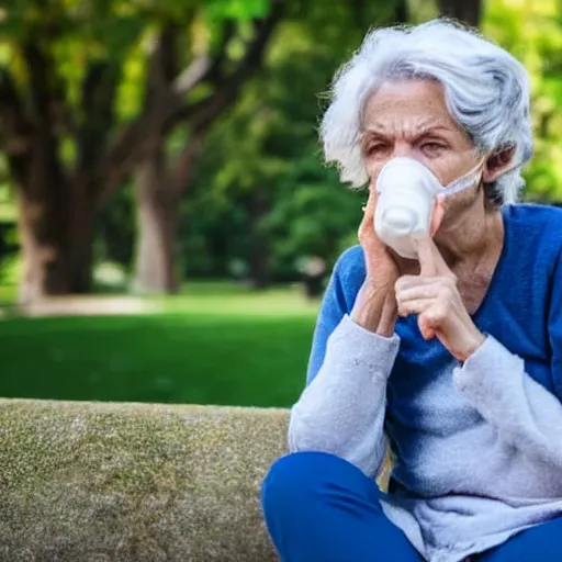 Image similar to an older woman sitting in a park. under her nose is a thin translucent tube connected to an oxygen tank, 4 k,