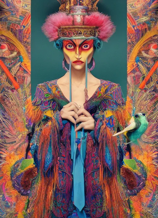 Image similar to an anthropomorphic beautiful goddess female wizard made of colourful bird portrait holding a staff wearing colourful robe, fine art, award winning, intricate, elegant, sharp focus, octane render, hyperrealistic, cinematic lighting, highly detailed, digital painting, 8 k concept art, art by jamie hewlett and z. w. gu, masterpiece, trending on artstation, 8 k