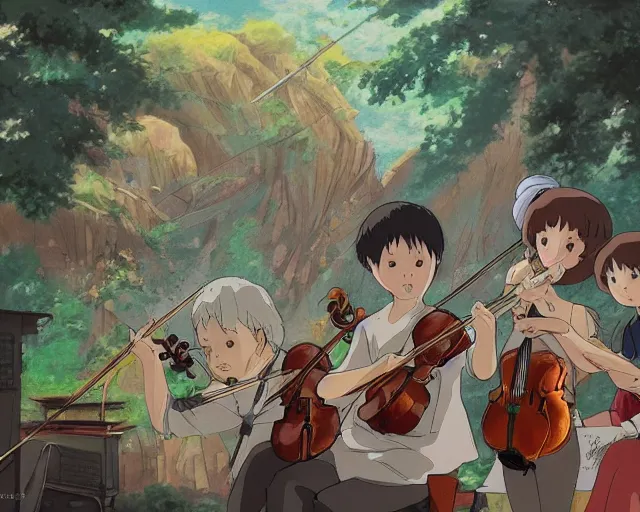 Image similar to violin concert, studio ghibli style, hayao miyazaki, award winning photograph, highly detailed, artstation, hd wallpaper