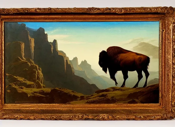 Image similar to native american riding bison, buffalo, native american warrior, mountain range, beautiful sky, standing on the edge of a cliff, 1 9 th century, painted by frazetta