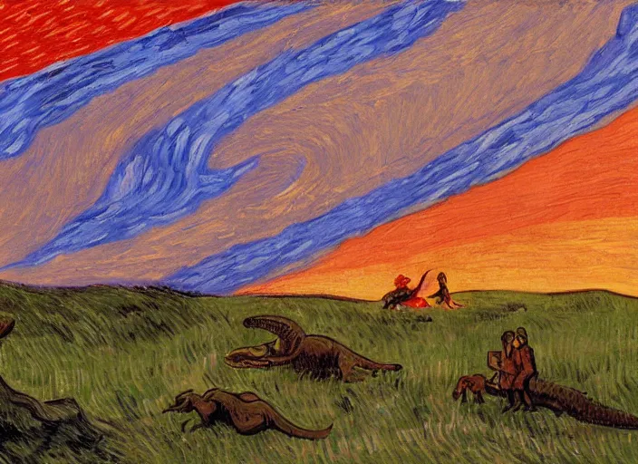 Image similar to painting of the extinction of the dinosaurs with asteroid and fire, in the style of edward hopper and vincent van gogh, dramatic lighting at dusk