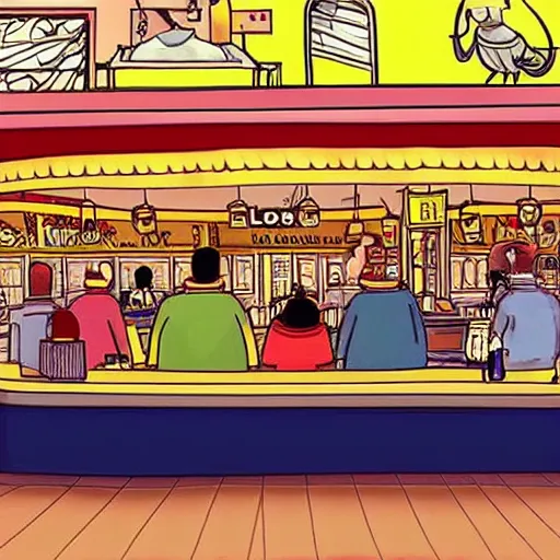 Prompt: terry gilliam style cartoon of nighthawks at the diner