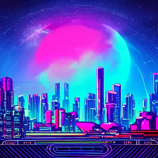 Image similar to synthwave neon city in space