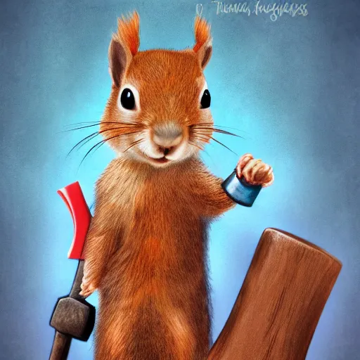 Image similar to the squirrel thor ~ holding his hammer ~ dramatic thunder background ~ trending ~