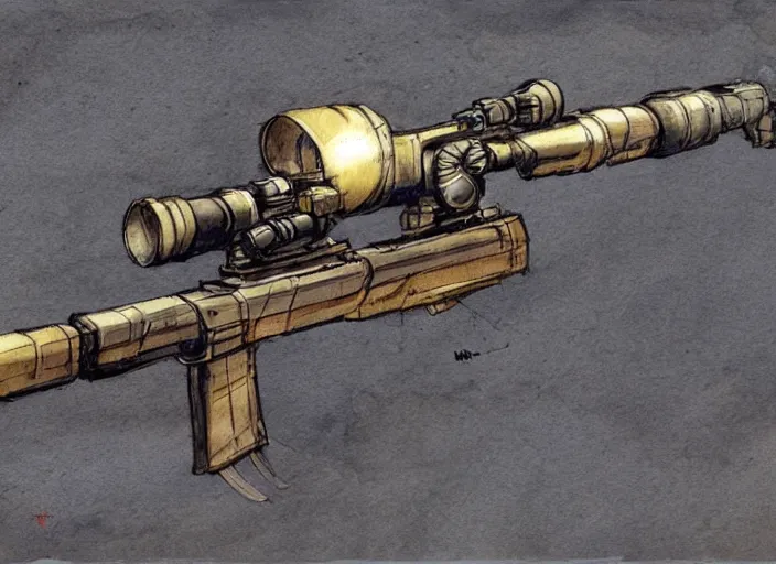 Image similar to concept art of a sniper rifle in futuristic, fantasy, steampunk, pinterest, artstation trending, behance, watercolor, by coby whitmore, silver, laser light,