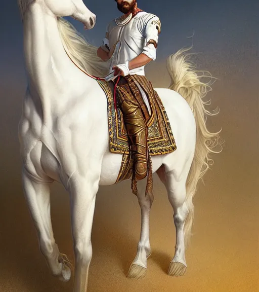 Prompt: portrait of young man next to a white horse, wearing an embroidered tunic, intricate, highly detailed, book cover artwork, digital painting, artstation, concept art, smooth, sharp focus, illustration, art by wlop, mucha, artgerm, and greg rutkowski