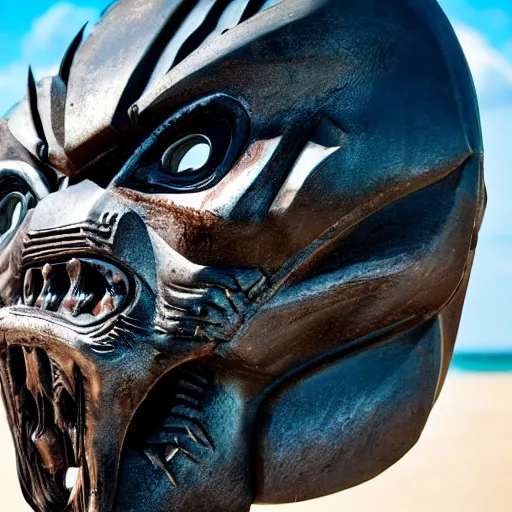 Image similar to high quality photo of The Predator Mask on the beach, realism, 8k, award winning photo