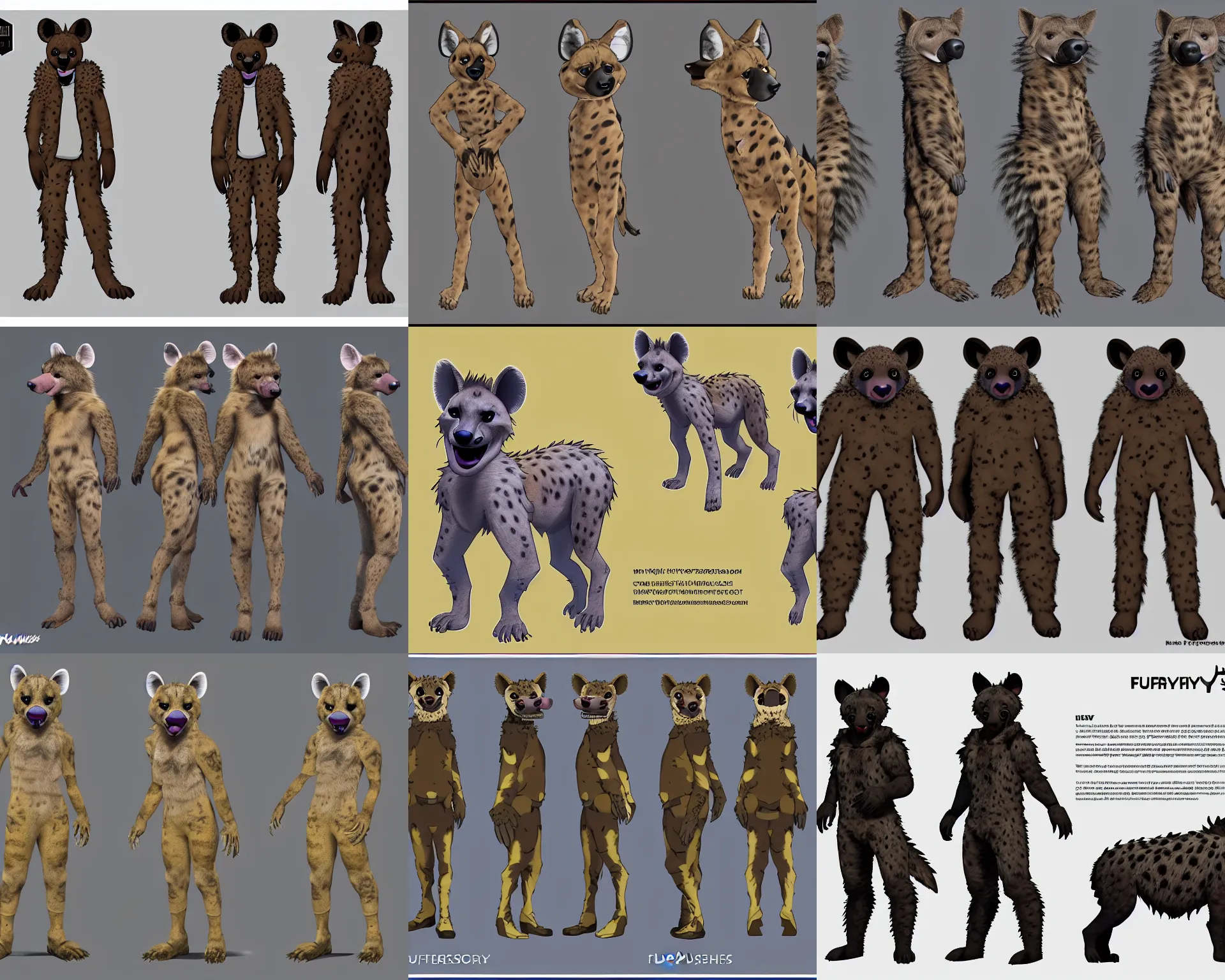 Prompt: a furry hyena fursona three - view fursuit reference sheet, insane ultrahigh - resolution ( uhd ), trending on furaffinity and weasyl