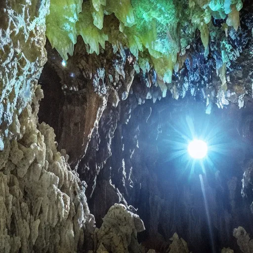Prompt: ultra high definition 8 k footage david attenbrough nature documentry very dark cave exploration stalagtites stalagmites giant amethyst crystals floodlight