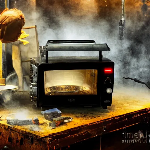 Image similar to cyborg toaster oven repairman, dark messy smoke - filled cluttered workshop, dark, dramatic lighting, orange tint, sparks, plasma rays, cinematic, highly detailed, sci - fi, futuristic, movie still, rule of thirds composition