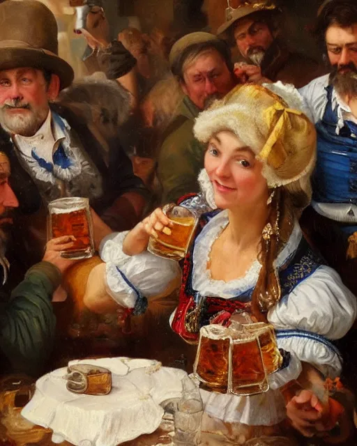 Image similar to a painting of janice jarratt holding a mug of beer at the oktoberfest, a detailed painting by konstantin makovsky and by jan matejko and by nikolay makovsky, shutterstock contest winner, german romanticism, detailed painting, oil on canvas, wimmelbilder