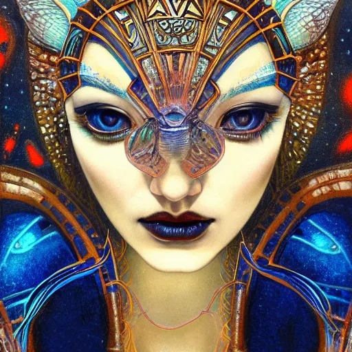 Image similar to beautiful closeup portrait of an art deco fairy queen, glowing eyes. reflective detailed textures, moth wings, highly detailed dark fantasy science fiction painting by donato giancola and nicholas roerich, elaborate geometric ornament, ancient runes, silver and cool colors. artstation