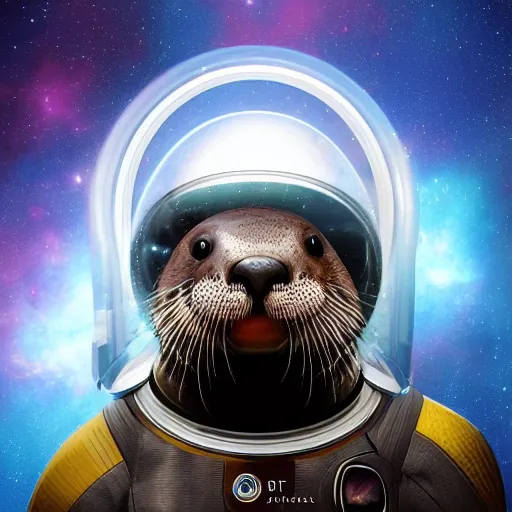 Image similar to a realistic portrait of an otter wearing a space helmet and visor set against a space and nebula background, trending on artstation, ultra detail, photorealistic, fine detail, cgi, zbrush, global illumination, studio lighting