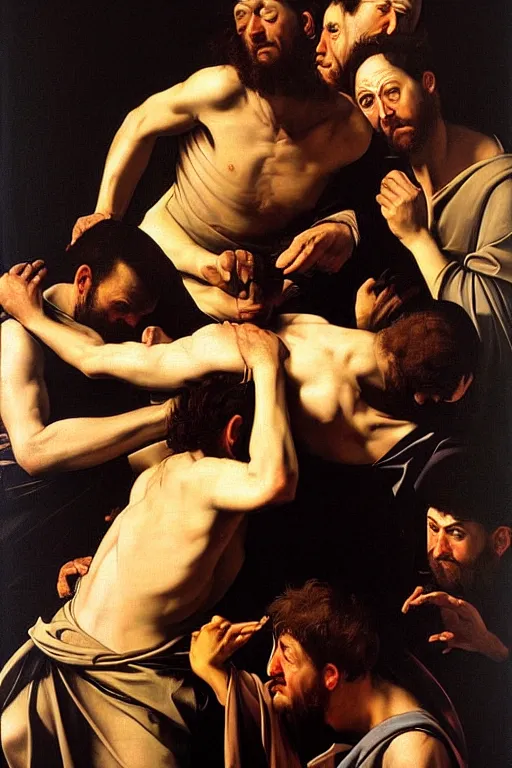 Image similar to a highly realistic oil painting of The Descent from the Cross, vey detailed faces, landscape background, chiaroscuro, by Caravaggio