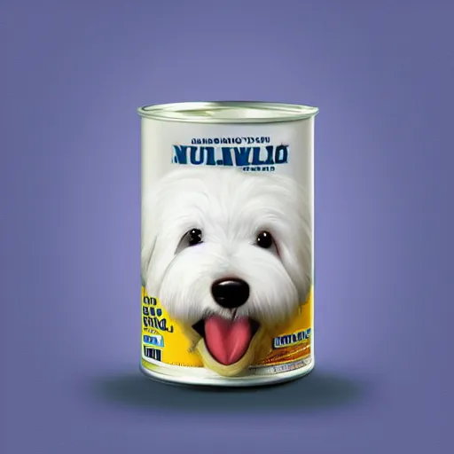 Prompt: a white cuddly dog on top of a can of food, digital art, nicely detailed