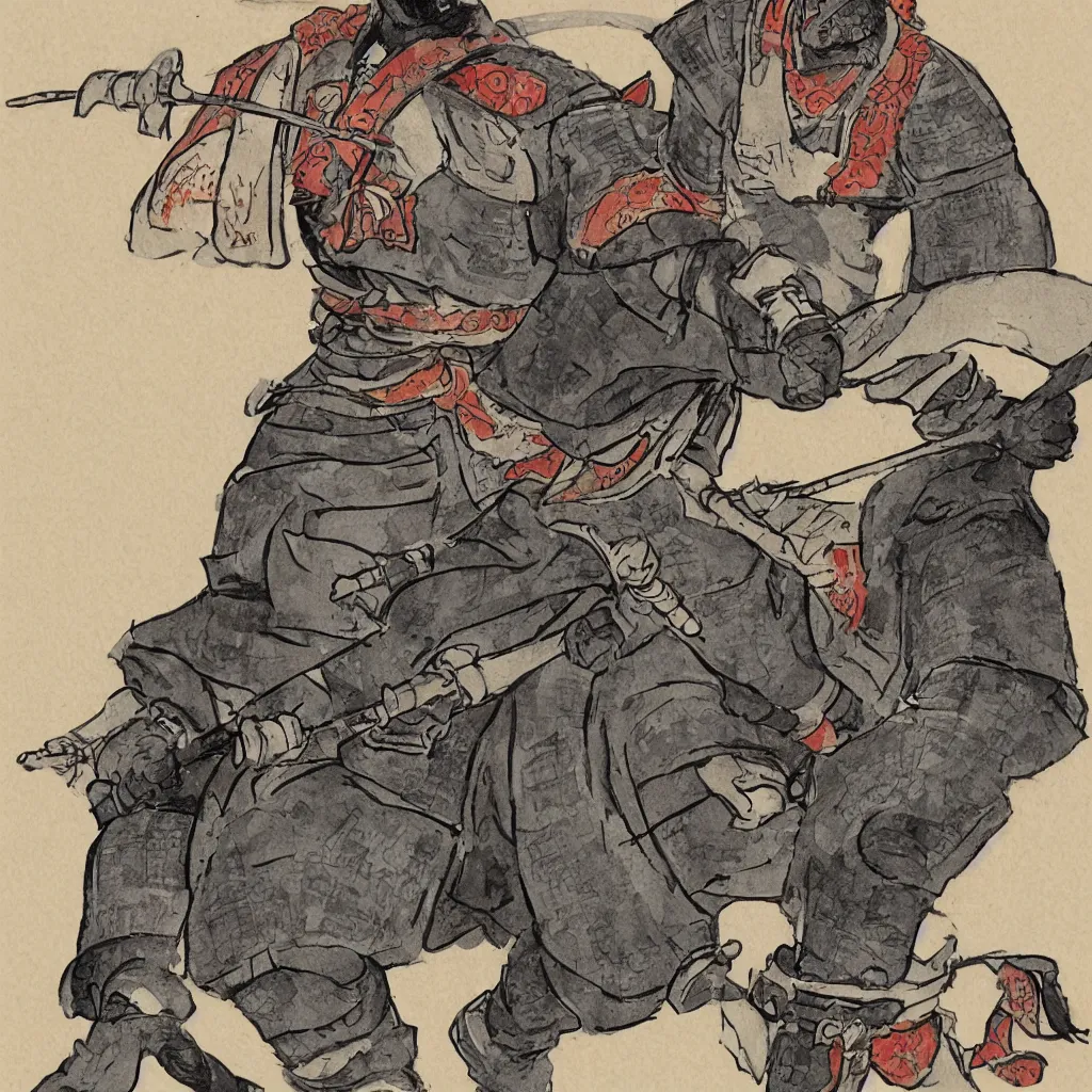 Image similar to a samurai wearing an iron koala mask, full body photo, comic style