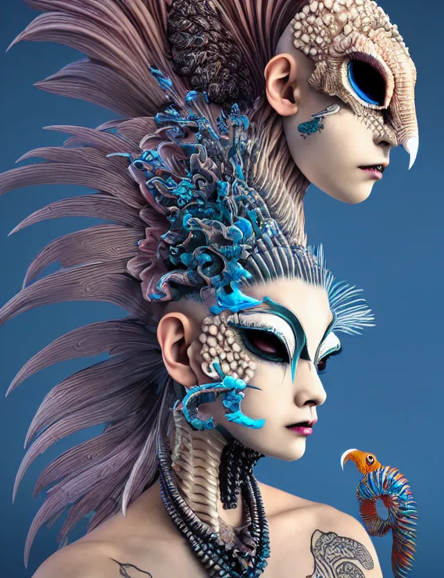 Image similar to 3 d goddess close - up profile portrait punk with mohawk with ram skull. beautiful intricately detailed japanese crow kitsune mask and clasical japanese kimono. betta fish, jellyfish phoenix, bio luminescent, plasma, ice, water, wind, creature, artwork by tooth wu and wlop and beeple and greg rutkowski