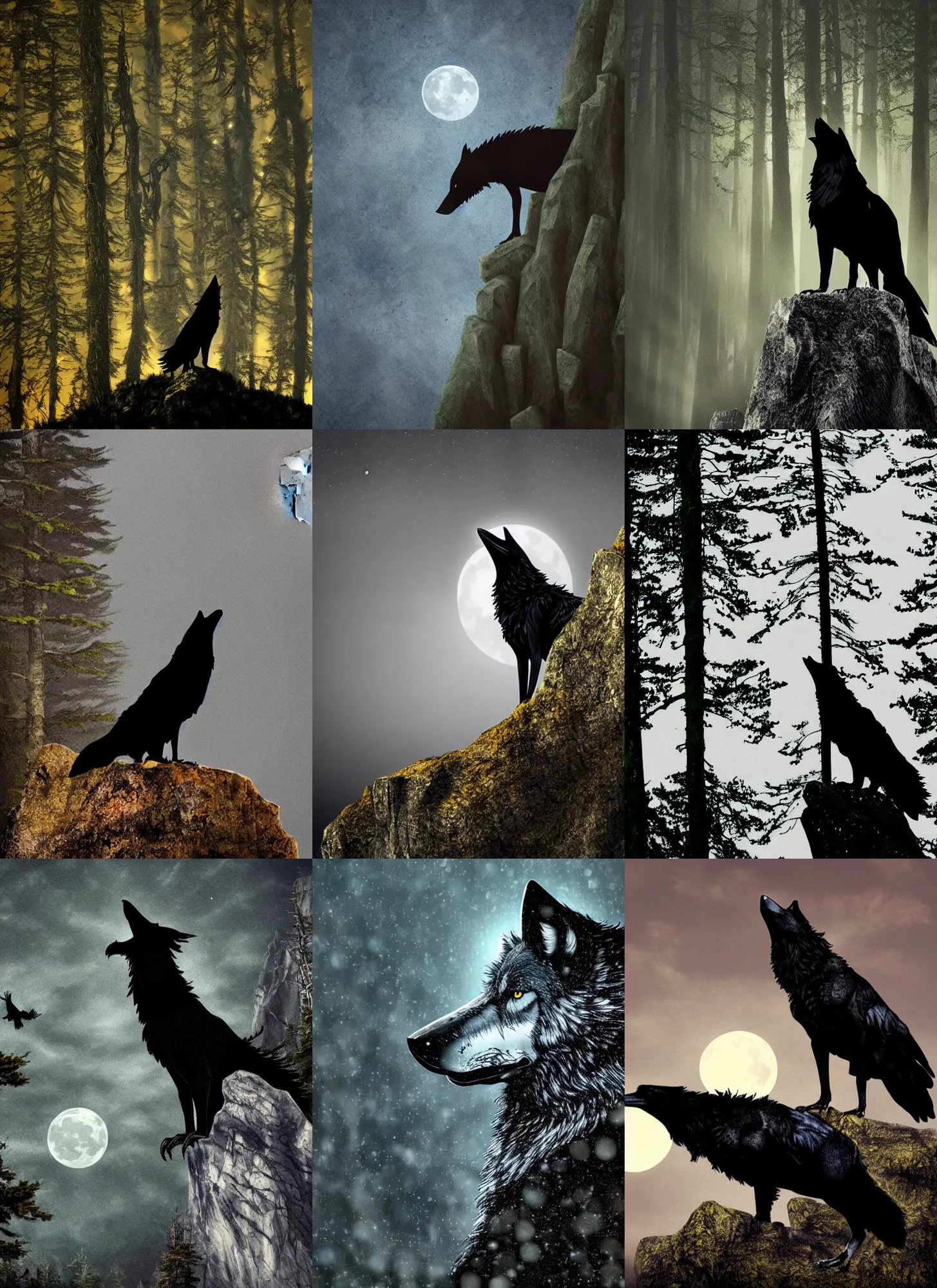 Prompt: A wolf with the head of a raven perched on a cliff's edge looking straight ahead, intimidating, rays of moonlight illuminating a forest backdrop