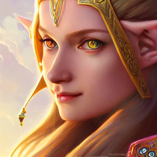 Image similar to portrait of princess zelda from hyrule, nose ring, upper body, blonde hair, long hair, joyful smirk, intricate, elegant, highly detailed, digital painting, artstation, concept art, matte, sharp focus, illustration, art by artgerm and greg rutkowski and alphonse mucha