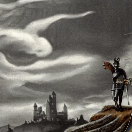 Image similar to anthropomorphic fox!! who is a medieval knight holding a sword towards a stormy thundercloud [ 1 9 3 0 s film still ], ( castle in the background )