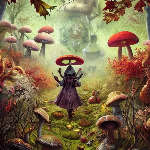 Image similar to Hell and heaven, captured in bottles, an elderly mushroom walking their pet snail, The Autumn Plague Gardener, the theme of Alice in Wonderland, digital painting, its softness partakes of fluidity, illustration, deep dark, artstation, intricate, biodiversity in a world of change and constancy, ue5, by deiv calviz and bossmonsterbani