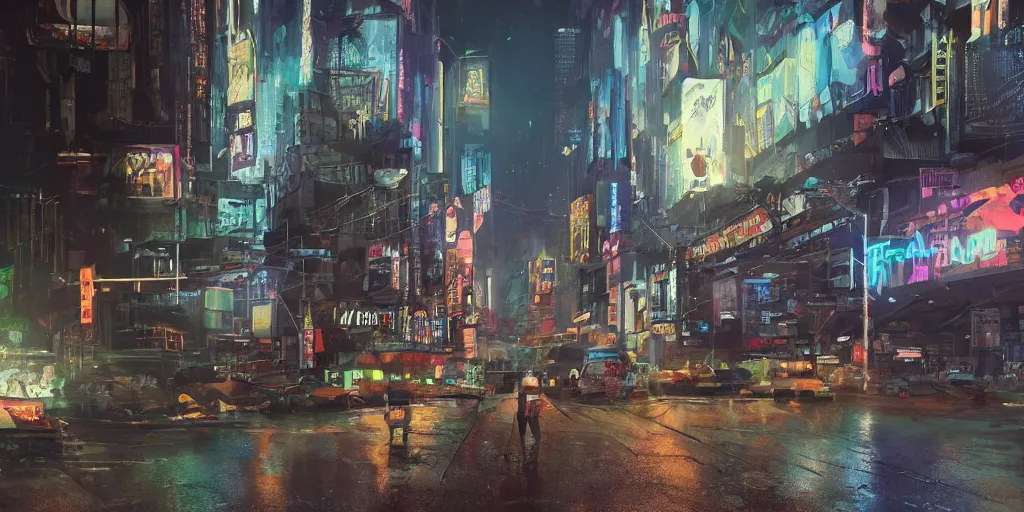 Image similar to a guatemalan solitary cyberpunk city with neon ads and signs with evocative dramatic mood with blade runner vibe with cars and floating vehicles with motion blur with depth of field with bloom with lightshaft with volumetric lights, fog, by jeremy mann, oscar winning graphics, photo realistic, bloom, imax, dynamic lighting, artstation, netflix series,