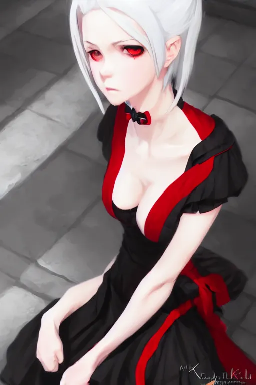 Prompt: card art of a girl with white hair wearing a black and red maid dress, black and red maid dress, Cushart Krenz, very detailed, realistic face, detailed face, matte, tonemapping, bbwchan, perfection, 4K, Cushart Krenz