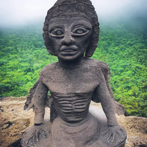 Image similar to weathered Maya stone statue of an alien in front of a wide, foggy valley with beautiful waterfall in the jungle, award winning photography, 8k