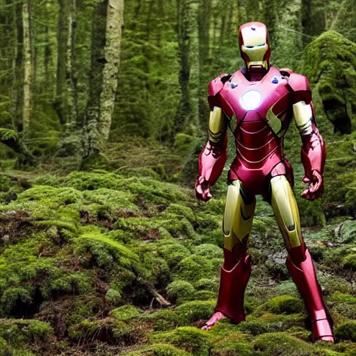 Image similar to abandoned iron man suit overgrown by moss in the middle of a forest, 4k realistic photo