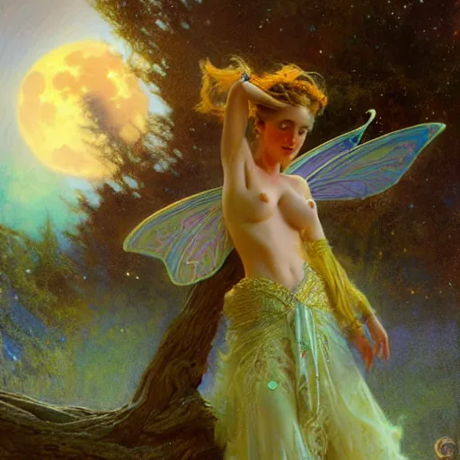 Image similar to attractive fairy magically floating high in the night, fantasy, full moon in background. highly detailed painting by gaston bussiere, craig mullins, j. c. leyendecker, mid shot, 8 k