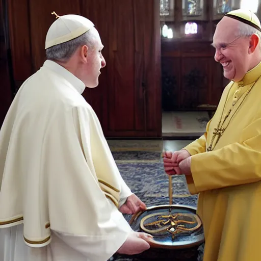 Image similar to two catholic popes perform their ancient greeting ritual