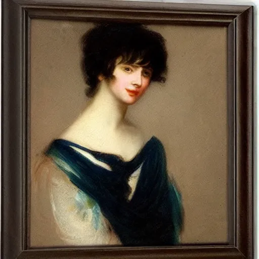 Prompt: Romanticism painting of a young woman with short dark hair painted in 1798 by Sir Thomas Lawrence