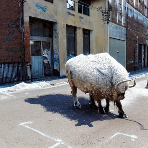 Image similar to a buffalo covered in flour in the middle of the street, graffiti art