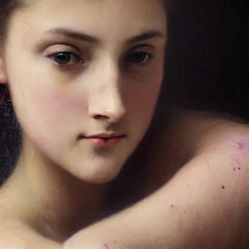 Image similar to hyperrealistic oil painting of woman, oil paint drips, dim volumetric lighting, 8 k octane beautifully detailed render, post - processing, portrait, extremely hyper - detailed, intricate, epic composition, cinematic lighting, masterpiece, by william - adolphe bouguereau, trending on artstation, very very detailed, masterpiece, stunning,