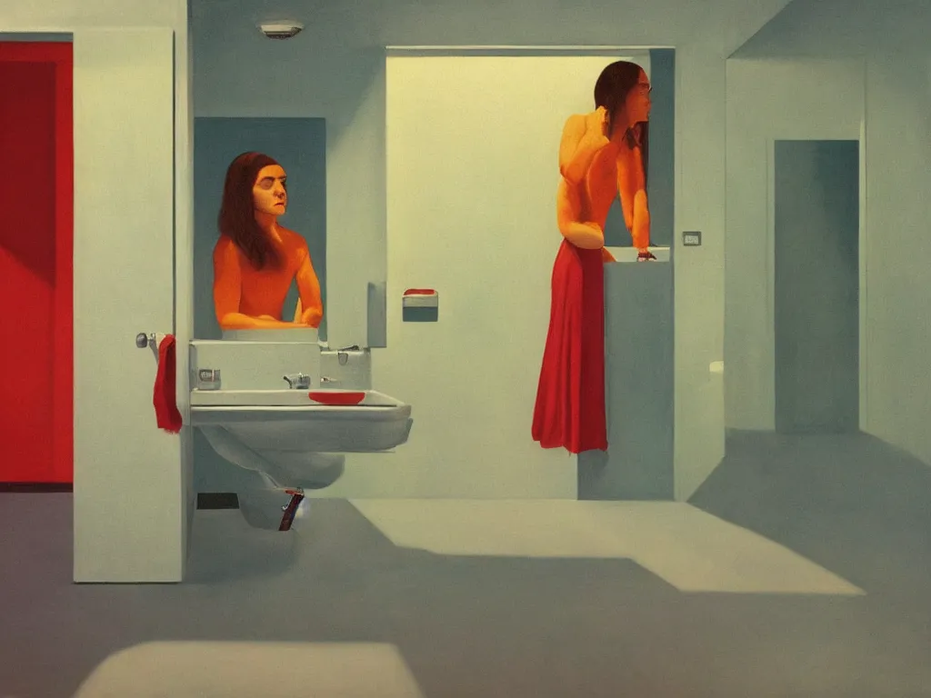 Prompt: lone girl waiting inside a 70s minimalist toilet, stanley kubrick the shinning, vibrant colors americana, cinematic, volumetric lighting, ultra wide angle view, realistic, detailed painting in the style of Edward Hopper