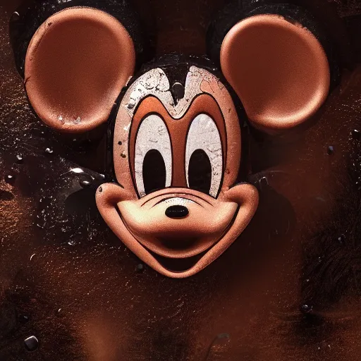 Image similar to 1 9 5 0 wartime mickey mouse head, automotive, fractal, leathery, wet, broken, melting, rococo, mycelium, baroque, sumerian, radiant alien, magic kingdom, octane render, high detail