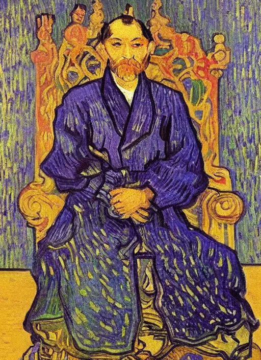 Image similar to detailed expressionist!! oil painting masterpiece portrait of an ancient emperor on his throne!! by van gogh, 8 k resolution, smooth, sharp focus, matte painting, beautiful masterpiece expressionist painting, greys and golds and purples