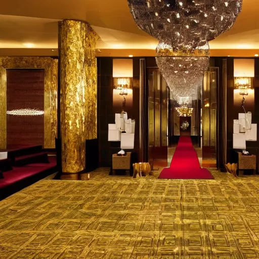 Image similar to a lavish hotel lobby with emerald colored walls with golden accents on them and red carpet