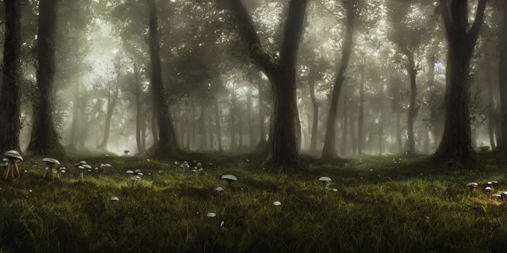 Prompt: forrest full of mushrooms and one deer, superwide angle, light through the mist, dramatic lighting, photorealistic, cinematic lighting, high detail, cinematic feel, high octane, 4 k, unreal engine, digital render, intricate, ultra realistic, concept art