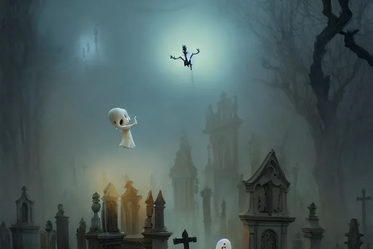 Image similar to casper the friendly ghost flying over a graveyard at midnight, playing with his weird looking ghost friends, cinestill, painted by james jean and gaston bussiere, very detailed and cute and cozy and transparent, backlight, fog, mist, trending on artstation