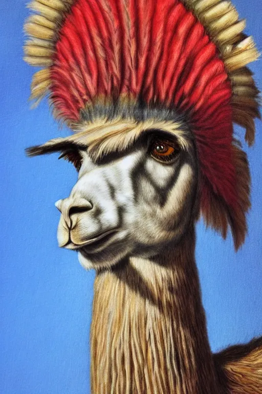 Prompt: hyperrealism close-up portrait llama in War bonnet in style of da Vinci