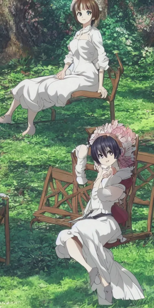 Prompt: a queen of love sitting of a sofa in a forest, drawn by CloverWorks,
